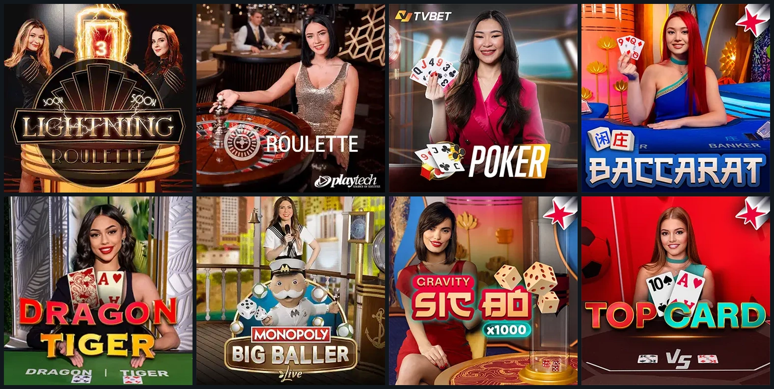 Roulette, Poker, Baccarat und Live-Shows als acht Spielcover