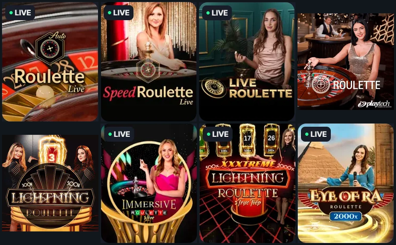 Acht Roulette-Cover mit verschiedenen Live-Tischen